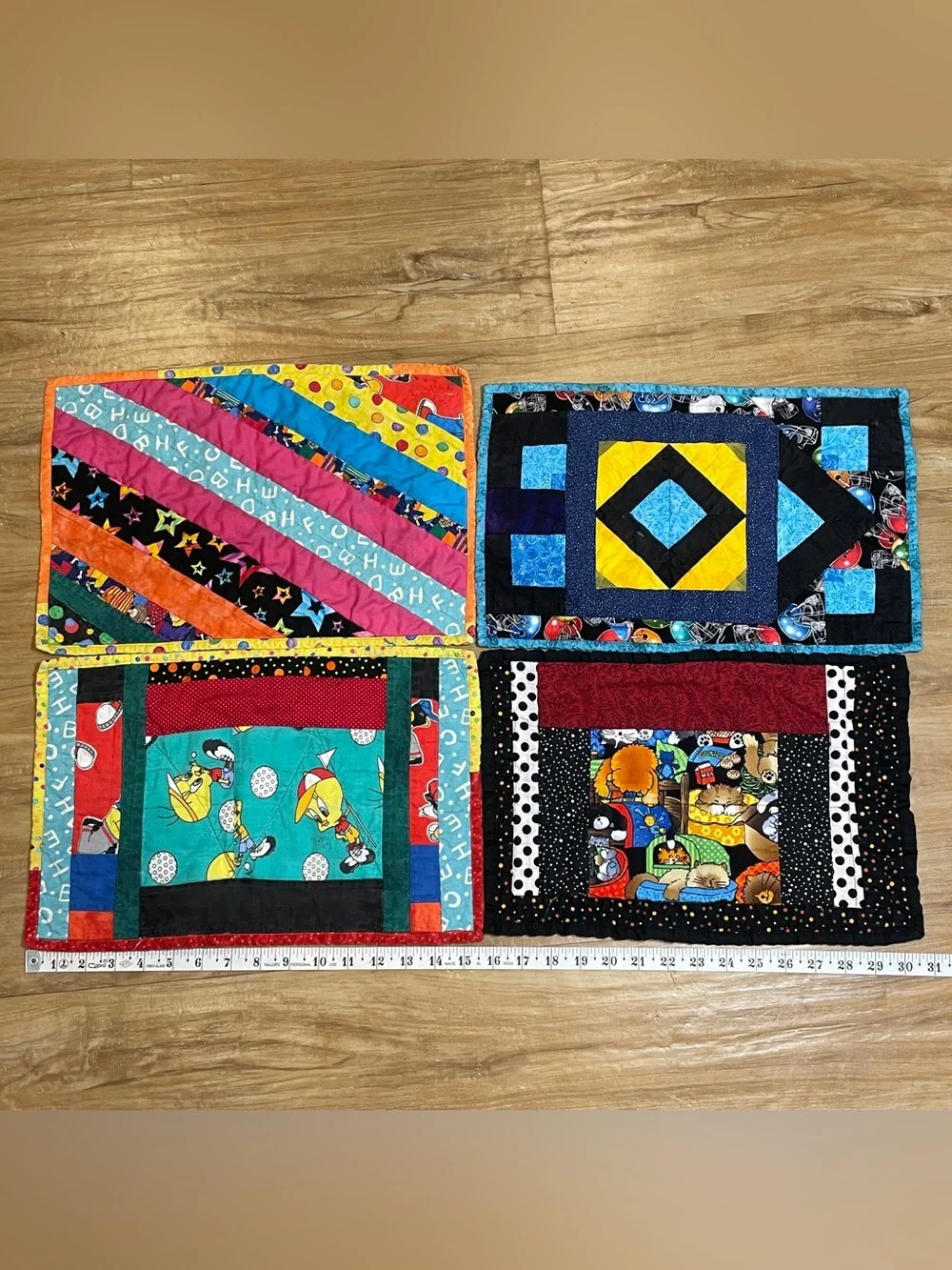 Vintage Handmade Set of Four 16”x10” Quilted Placemats Cottagecore Fun Whimsical